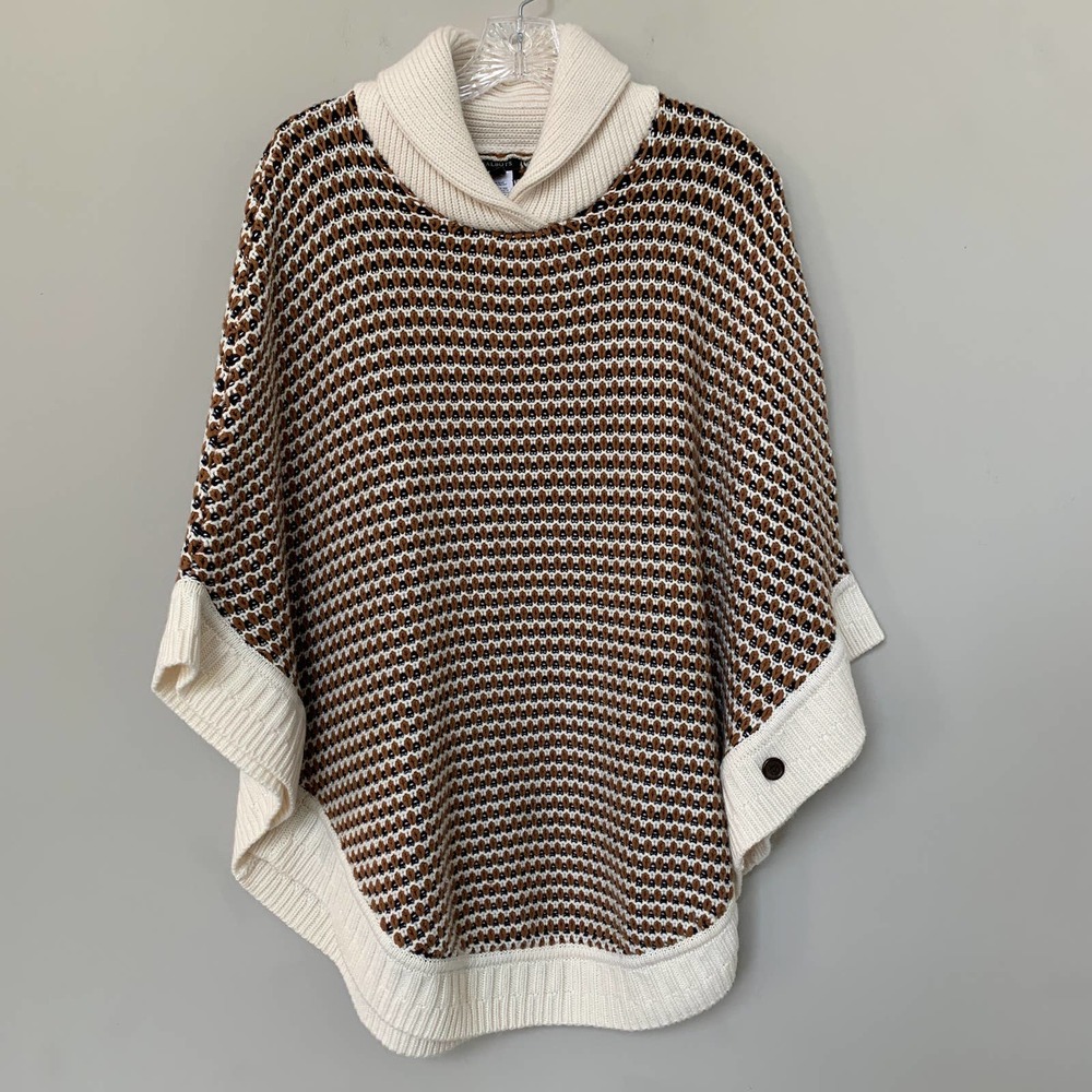 Talbots knit poncho cape side buttons rounded hem nylon lambswool blend size L